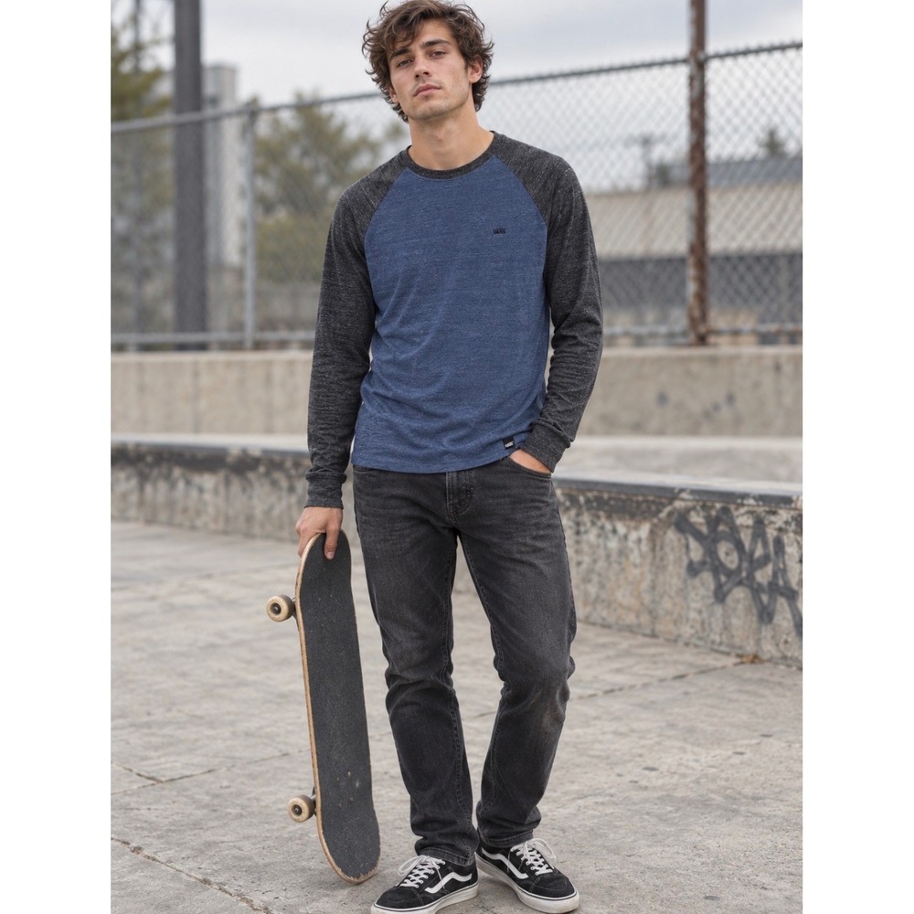 Vans 2012 Men's M Blue Gray Raglan Long Sleeve Skate Shirt Tri Blend